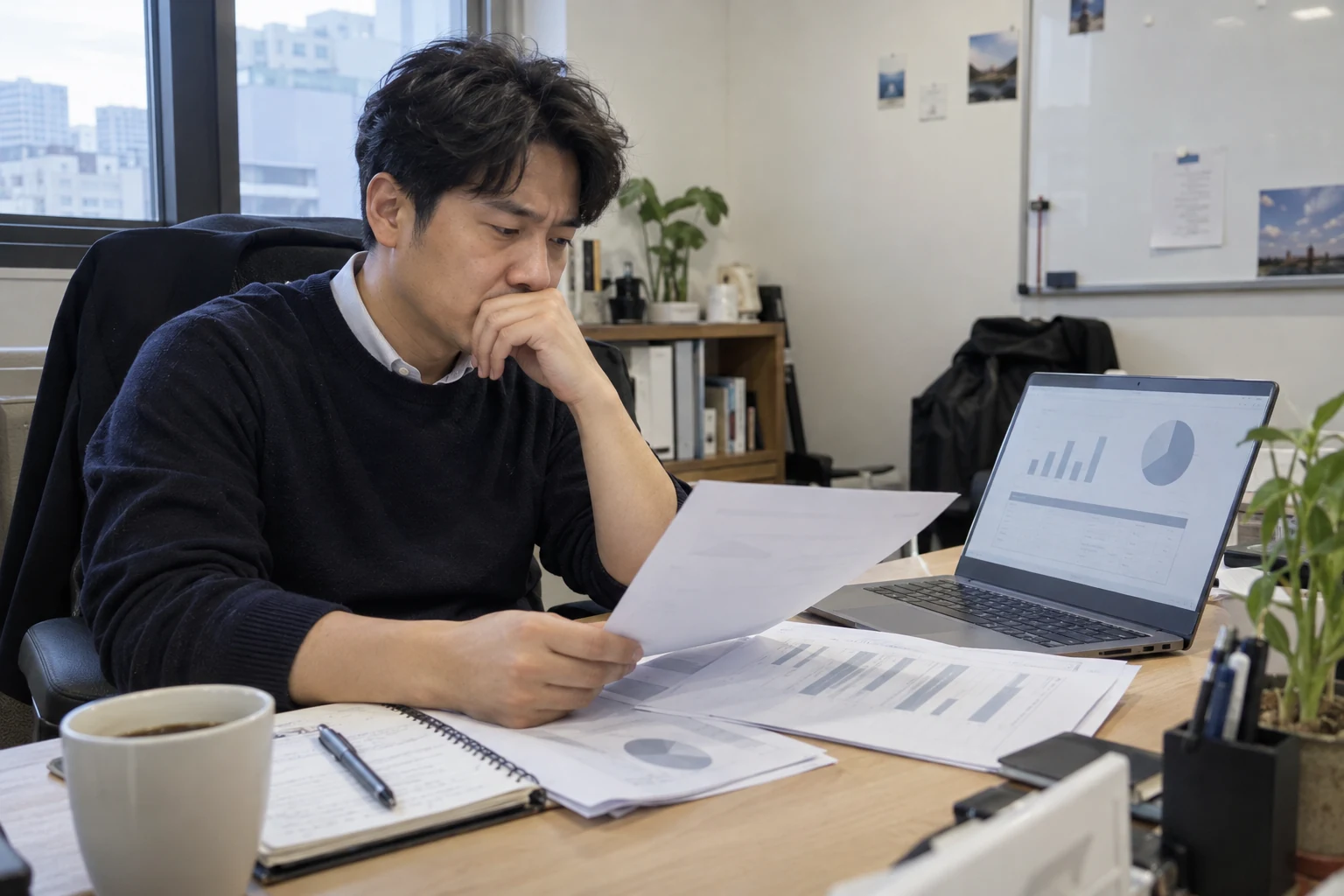이전 마케팅 보고서를 검토하는 B2B 업체 담당자